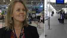 En bild där landvetter flygplats flygplansdirektör Charlotte Ljunggren är till vänster och i höger till bild en person som går med en rullväska