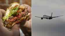 Till höger två händer som håller i en hamburgare och till vänster ett flygplan i luften.