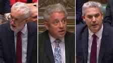 Labourledaren Jeremy Corbyn, talmannen John Bercow och brexitministern Stephen Barclay i underhuset. 