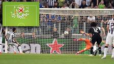Juventus Carlos Tevez sätter straffen mot Real Madrid under semifinalen i Champions League. Målet är markerat i rött i illustrationen till vänster.