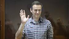 Bild på oppositionspolitikern Aleksej Navalnyj under rättegången i februari i år.