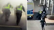 Bild på poliser som springer igenom ett rökmoln och en bild på en polis som sparkas i ryggen an en maskerad person