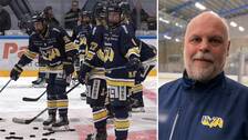 En bild på HV71 Dams spelare som står på isen och en bild på Ulf Hall som står framför en isrink.