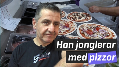 Han jonglerar med pizzor
