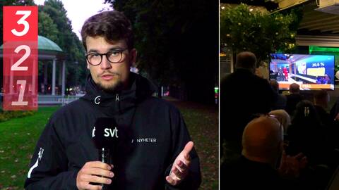 Tvådelad bild. Bild på reporter Stefan som står ute i en park. Översikt över en valvaka från natten.