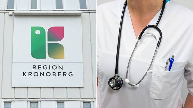Tvådelad bild, bild på Region Kronobergs logotyp och en person i sjukvårdskläder. Region Kronoberg hette tidigare Kronobergs läns landsting. Region Kronoberg bildades 2015, genom en sammanslagning av Landstinget Kronoberg och Regionförbundet Södra Småland.