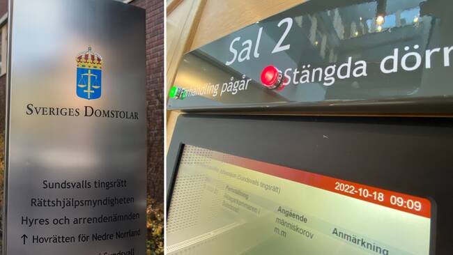 Montage: Till vänster en bild på displayen utanför salen i Sundsvalls tingsrätt, personens namn är blurrat. Till höger en bild på en skylt utanför tingsrätten på Sveriges domstolar.