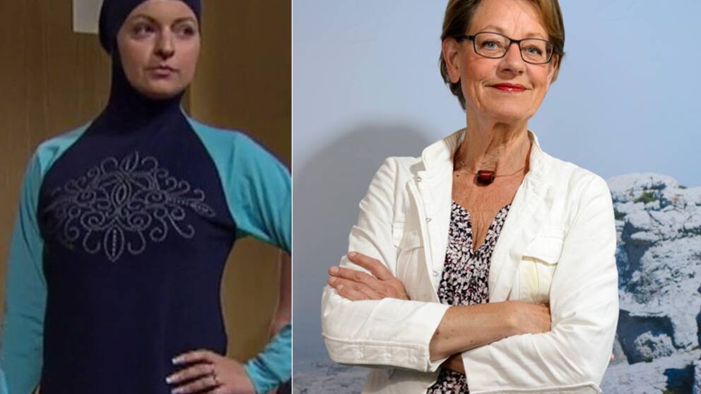 Modell i burkini. Burkinin hyrde SVT Opinion på Åbybadet i Mölndal, där godkända badkläder för kvinnor är: baddräkt, bikini eller burkini. De har burkini att hyra i olika storlekar, modellen på bilden bär strl medium. Till höger partiledare Gudrun Schyman FI: ”Den ständiga diskussionen om just kvinnors kläder visar att den patriarkala strukturen, runt om i hela världen, inklusive Europa och Frankrike, fortfarande är stark.”