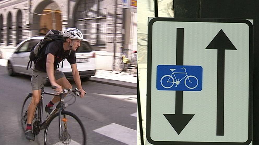 Cyklist och skylt