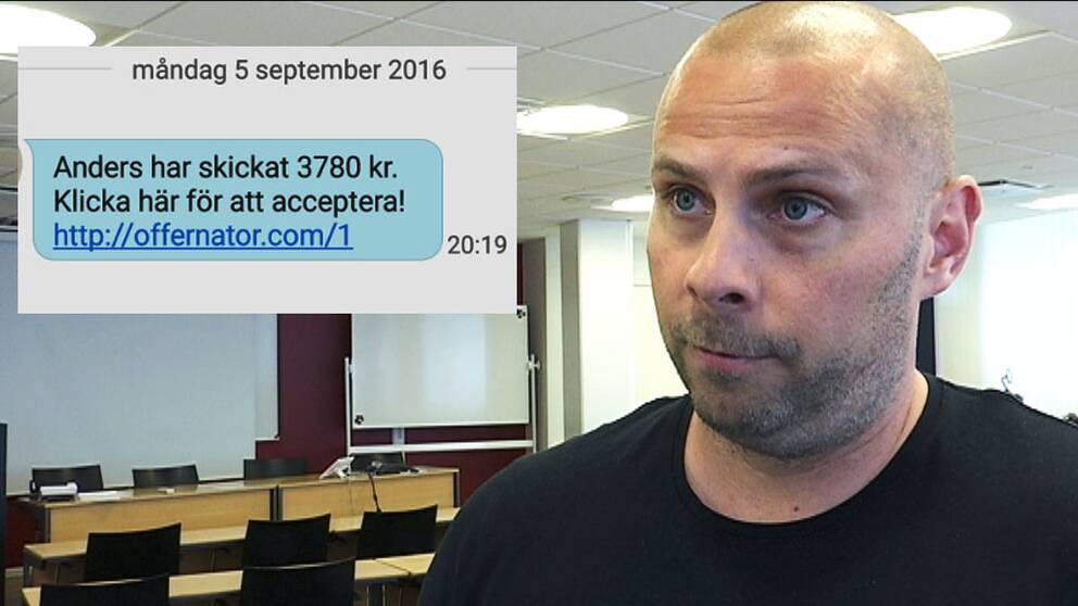 Lars Andersson chef för polisens bedrägericentrum och bild på bluff-SMS:et.