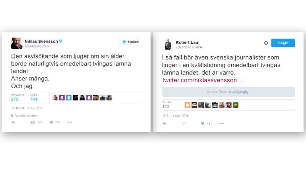 Niklas Svenssons tweet är nu borttagen från Twitter.