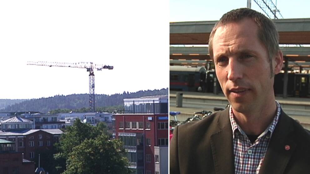 Två bilder i en. Bild 1 lyftkran i Uppsala. Bild 2 Porträtt på kommunalråd Erik Pelling