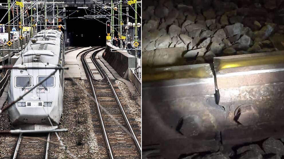 Inne i tunneln, i den så kallade getingmidjan söder om Stockholm, som är sveriges mest trafikerade tågsträcka upptäcke banteknikerna att rälsen spruckit och helt gått av.