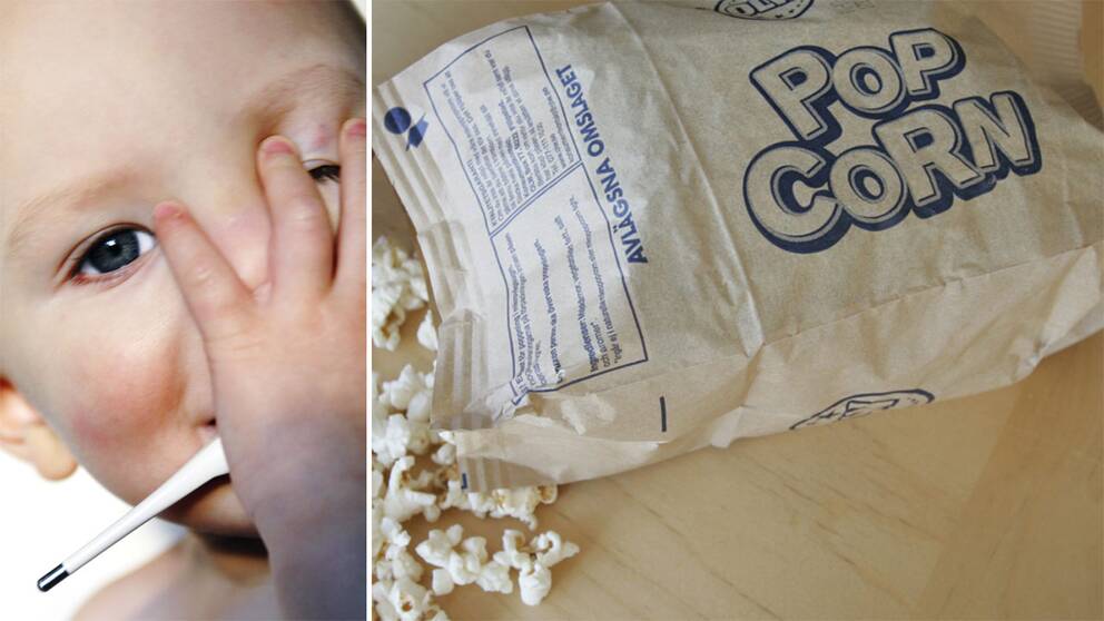 Barn med febertermometer och popcorn.