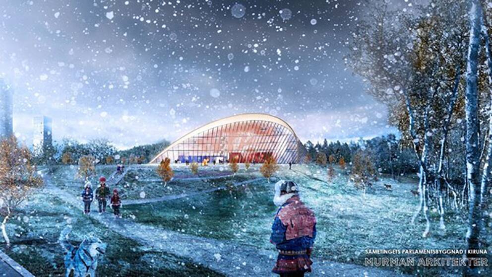 akvarell-liknande bild av upplist rund byggnad i snöfall, personer i samedräkt