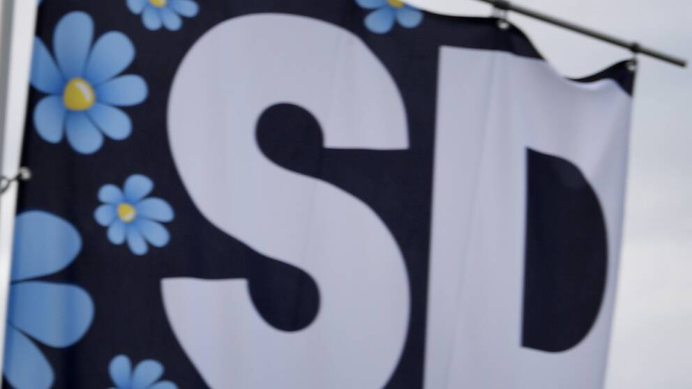 En flagga med förkortningen SD, som står för Sverigedemokraterna.