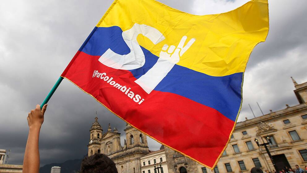 En fredsavtalsanhängare viftar med en flagga utanför kongressen i Bogotá, Colombia.