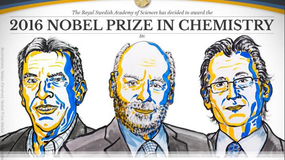 Årets Nobelpris i kemi går till Jean-Pierre Sauvage, Fraser Stoddart och Bernard L. Feringa.