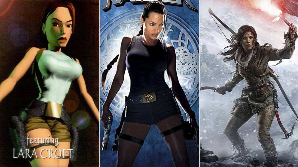 En ikons evolution: Lara Croft i det allra första Tomb Raider-spelet 1996, Angelina Jolies porträttering i filmen från 2001 och Croft idag, i 2015 års ”Rise of the Tomb Raider”.