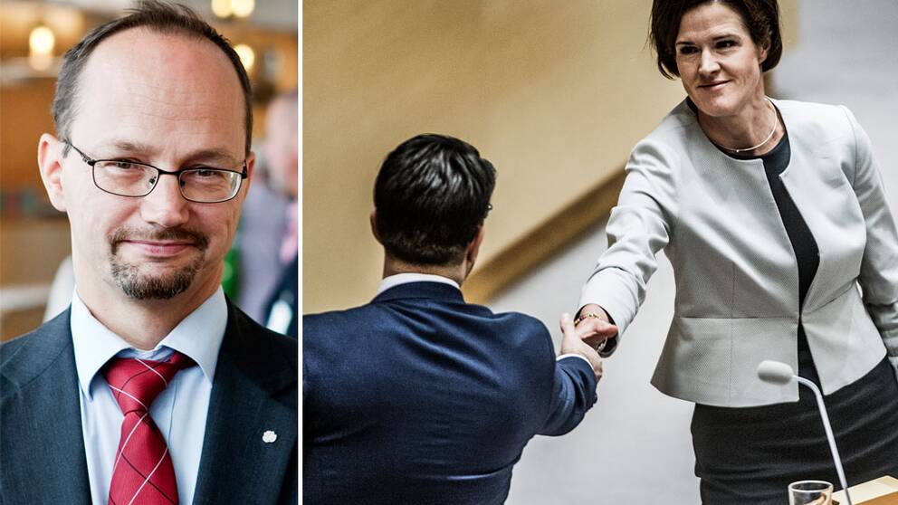 Tomas Eneroth gruppledare för S i riksdagen, och Anna Kinberg Batra skakar hand med Jimmy Åkesson.