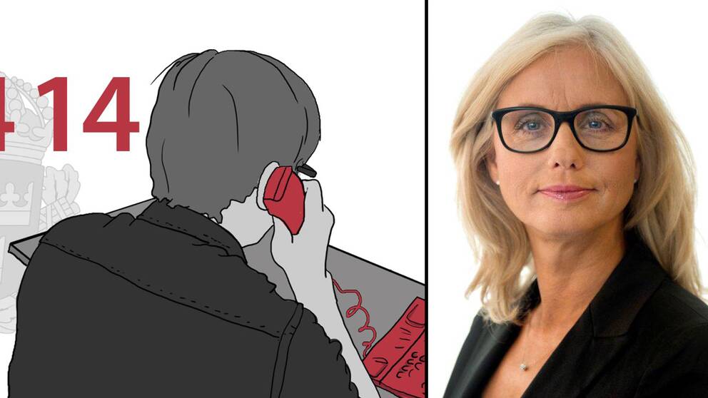 En illustrerad bild av en person som ringer i telefon och en porträttbild av polisenhetschefen Anna-Karin Gustafsson Åström.