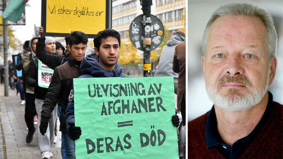Vänster: Afghanska asylsökande demonstrerar mot Migrationsverkets skärpta praxis i Stockholm. Höger: Afghanistanexperten Anders Fänge