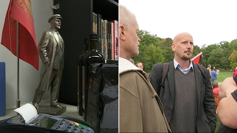 Mannen till höger Robert Mathiasson. Till vänster bokhandeln Röda stjärnan. Den lilla statyn föreställer den ryska revolutionens ledare Vladimir Lenin.