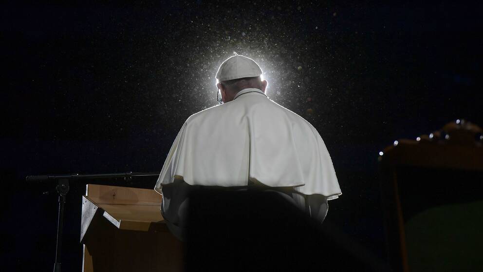 Påve Franciskus under till tal vid det ekumeniska evenemanget i Malmö arena.