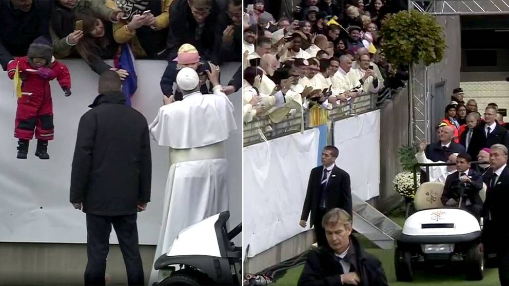 Påve Franciskus rullade in i en påvemobil vid den katolska mässa som hölls på Swedbank stadion under tisdagen.