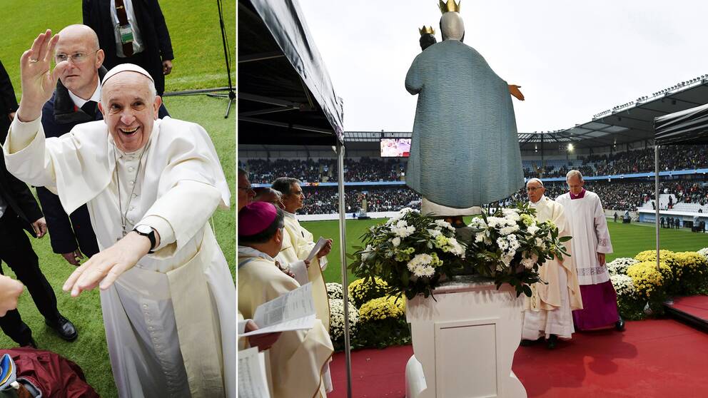 Påve Franciskus var på strålande humör när han mötte de cirka 15.000 åskådare som samlats på den katolska mässa som hölls på Swedbank stadion i Malmö.