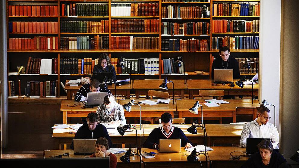 Ett antal människor studerar i ett universitetsbibliotek.