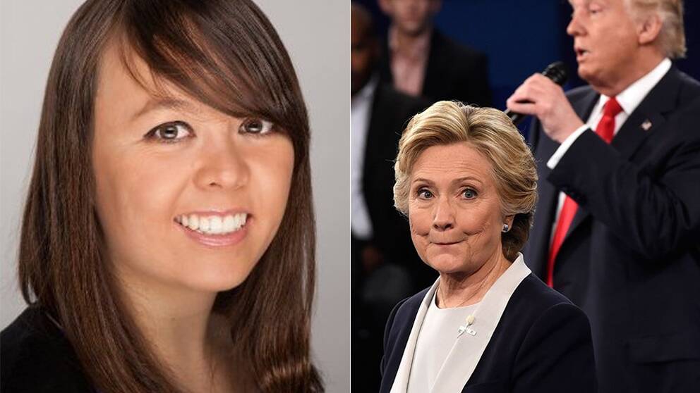 Nicole Clifford, amerikansk statsvetare. Till höger demokraten Hillary Clinton och republikanen Donald Trump.