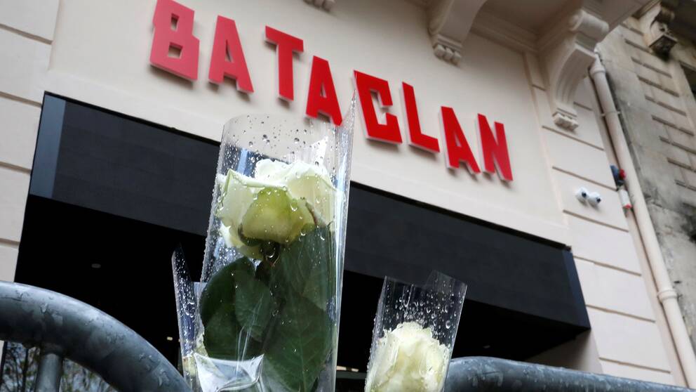 Vita rosor utanför den nya fasaden till konsertlokalen Bataclan i Paris där många mördades under terrorattackerna i Paris 2015.