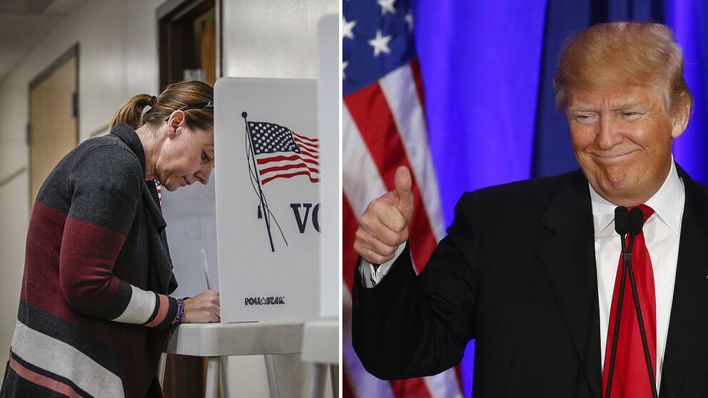 En röstande kvinna i ett valbås och Donald Trump.