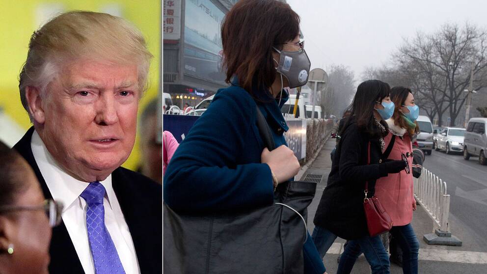 Kvinnor med masker mot den dåliga luften i Kina och en bild på Donald Trump.
