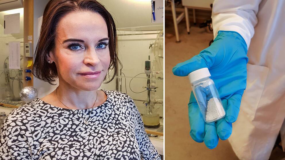 fotomontage. Porträtt på Maria Strømme till vänster. Till höger en person i labbrock med blå vinylhandskar som håller i en burk med vitt pulver.