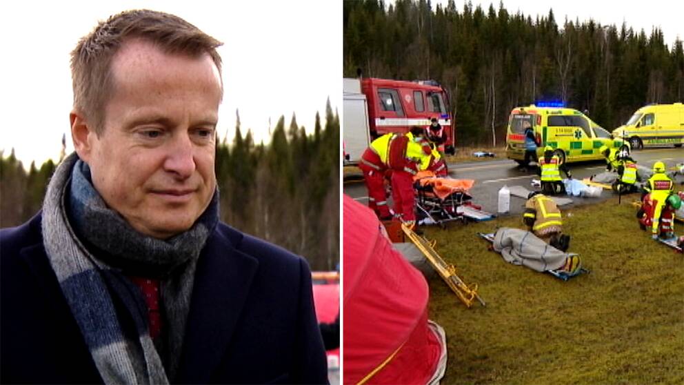 Anders Ygeman, inrikesminister, och en bild från övningen med räddningspersonal.