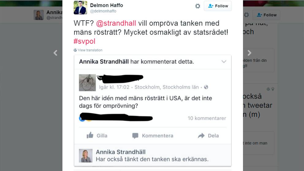 Kommentaren på sociala medier som ledde till Haffos uttalande om Strandhäll.