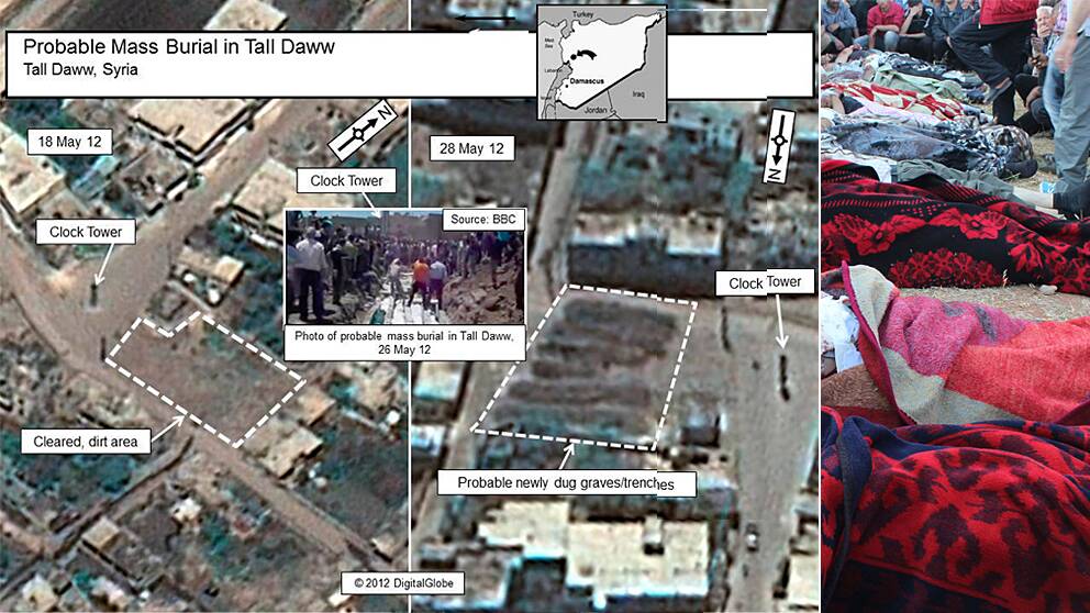 Satellitbilder tagna på samma torg i staden Tall Daww vid två olika tillfällen.