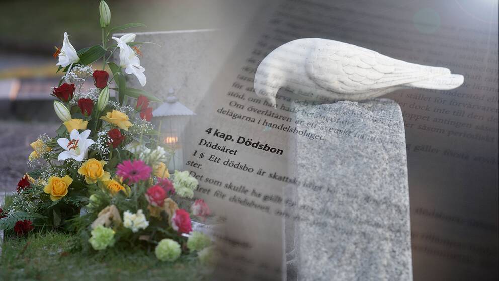Begravningsblommor, en vit duva på en grav, text i lagboken om Dödsbon.