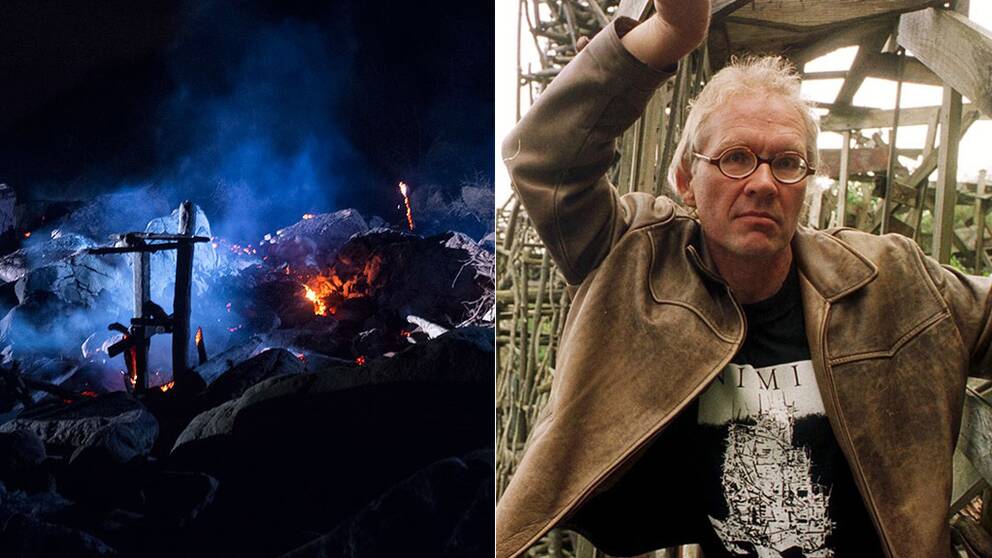 Lars Vilks konstverk Nimis brann natten till fredag, 25 november 2016. Till höger konstnären Lars Vilks.