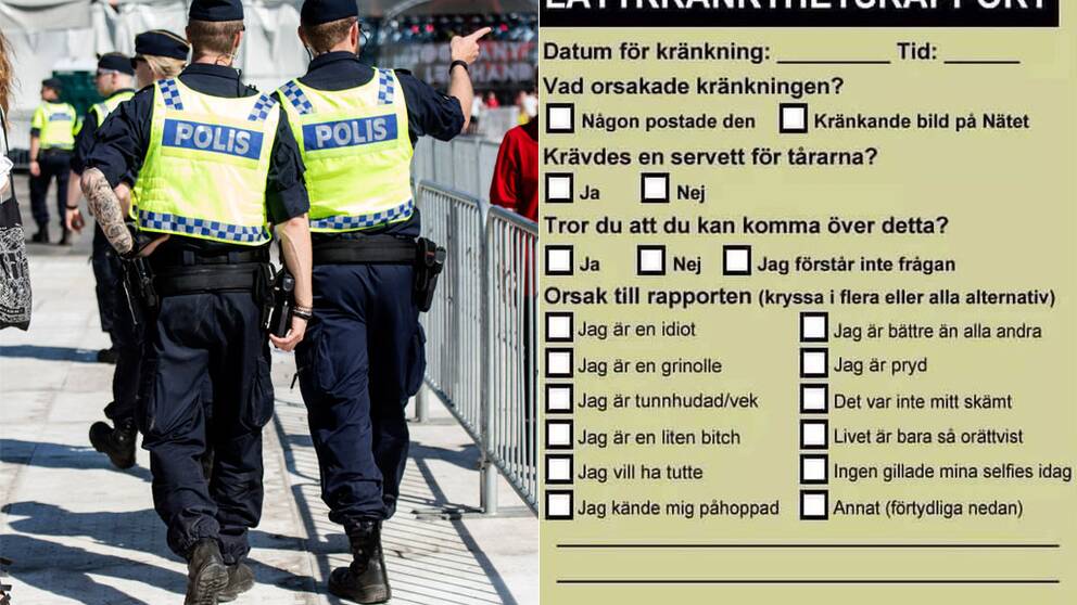 Twitterkontot YB-Södermalm la under onsdagen ut en bild på en ”Lättkränkthetsrapport” på Twitter (bilden till höger). Poliserna på bilden har ingenting med texten att göra. 