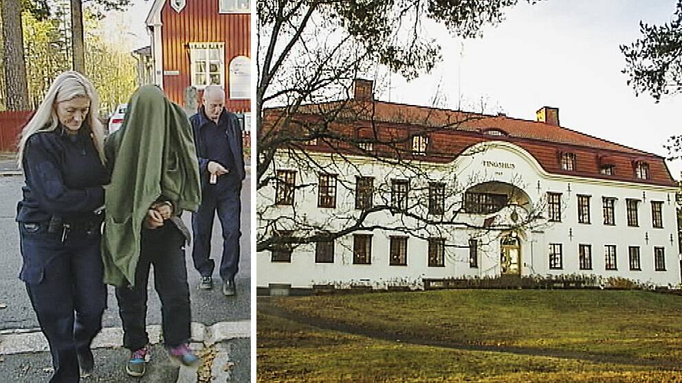Arkivbilder på häktad man som förs in av vakter i Hudiksvalls tingsrätt.