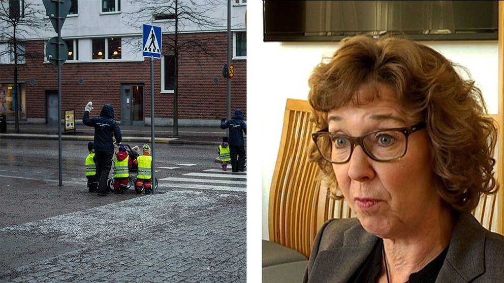 förskolebarn som går på ett övergångsställe och Marie Magnusson (KD) i ett montage