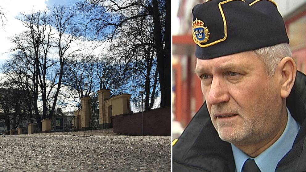 parkeringen med träd och staket, man i polismössa
