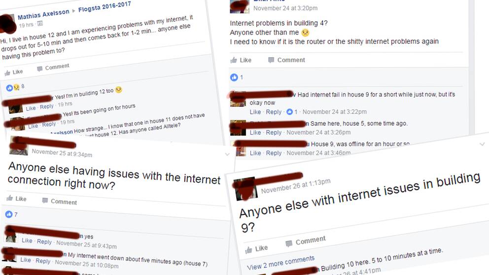 Skärmavbilder från Facebook om internetproblem i Flogsta