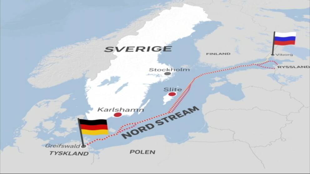 Grafiken visar hur den planerade gasledningen skulle gå från Ryssland till Tyskland