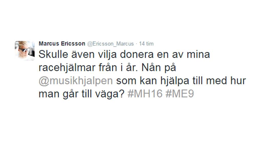 En skärmdump från Marcus Ericsson tweet där det står ”Skulle även vilja donera en av mina racehjälmar från i år. Nån på @musikhjalpen som kan hjälpa till med hur man går till väga?”