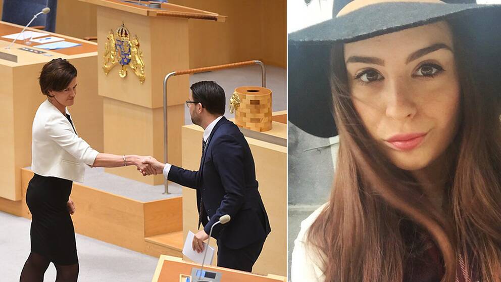 Anna Kinberg Batra (M) och Jimmie Åkesson (SD). Till höger Aleksandra Boscanin, borgerlig debattör. 