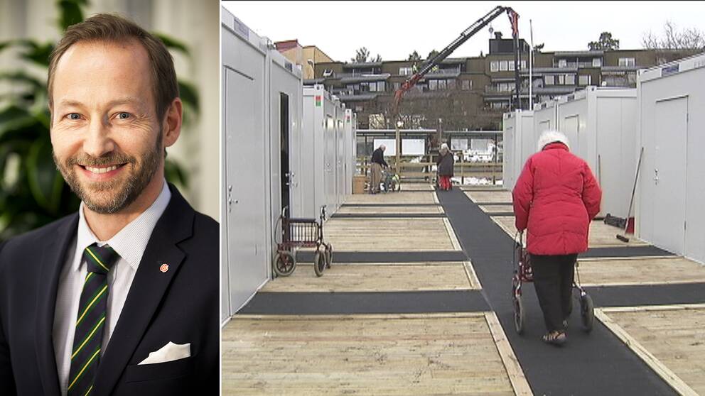 Delad bild: Mikael Lindström (S), oppositionsråd, och bild över containermodulerna.